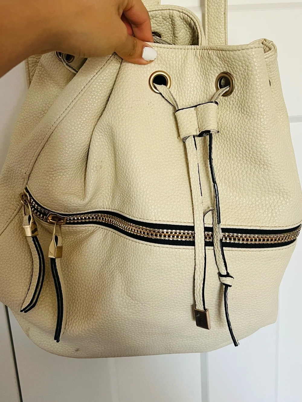 Cream Drawstring Leather Backpack Purse